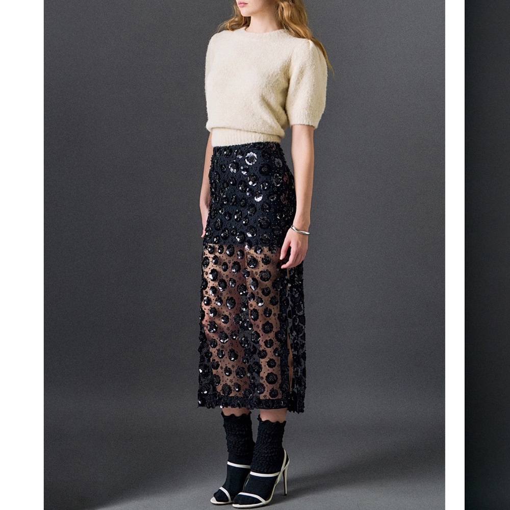 NWT FLOWER SEQUIN SHEER MIDI SKIRT